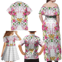 Hawaii Palaka Family Matching Off Shoulder Maxi Dress and Hawaiian Shirt White Tribal Pattern With Tropical Flowers - Polynesian Pride