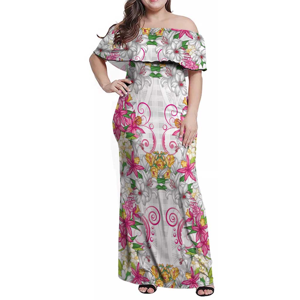 Hawaii Palaka Family Matching Off Shoulder Maxi Dress and Hawaiian Shirt White Tribal Pattern With Tropical Flowers - Polynesian Pride