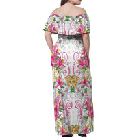 Hawaii Palaka Family Matching Off Shoulder Maxi Dress and Hawaiian Shirt White Tribal Pattern With Tropical Flowers - Polynesian Pride