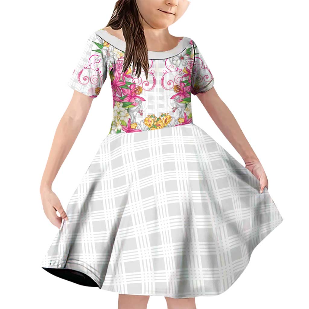 Hawaii Palaka Family Matching Off Shoulder Short Dress and Hawaiian Shirt White Tribal Pattern With Tropical Flowers - Polynesian Pride