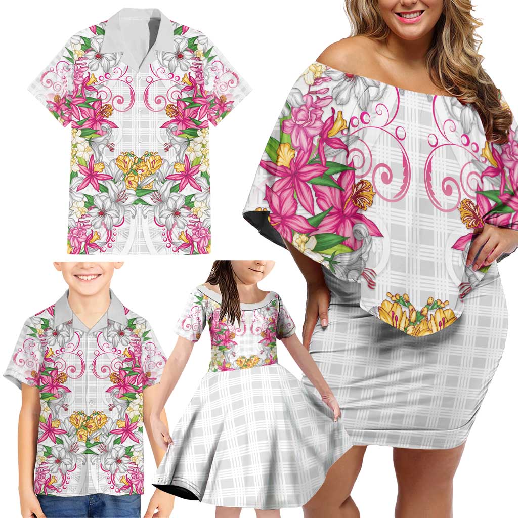 Hawaii Palaka Family Matching Off Shoulder Short Dress and Hawaiian Shirt White Tribal Pattern With Tropical Flowers - Polynesian Pride