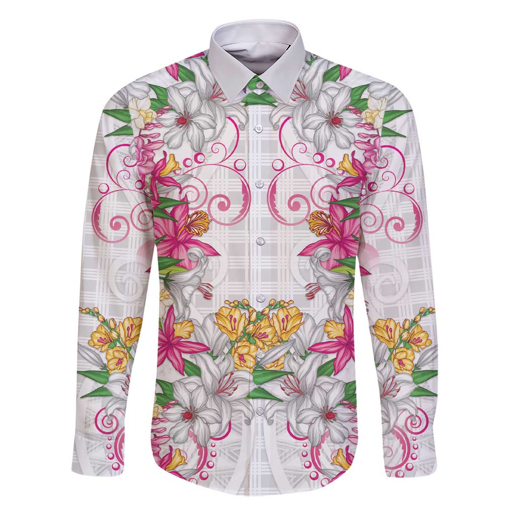 Hawaii Palaka Family Matching Short Sleeve Bodycon Dress and Hawaiian Shirt White Tribal Pattern With Tropical Flowers LT05 Dad's Shirt - Long Sleeve White - Polynesian Pride
