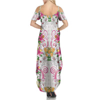 Hawaii Palaka Family Matching Summer Maxi Dress and Hawaiian Shirt White Tribal Pattern With Tropical Flowers - Polynesian Pride