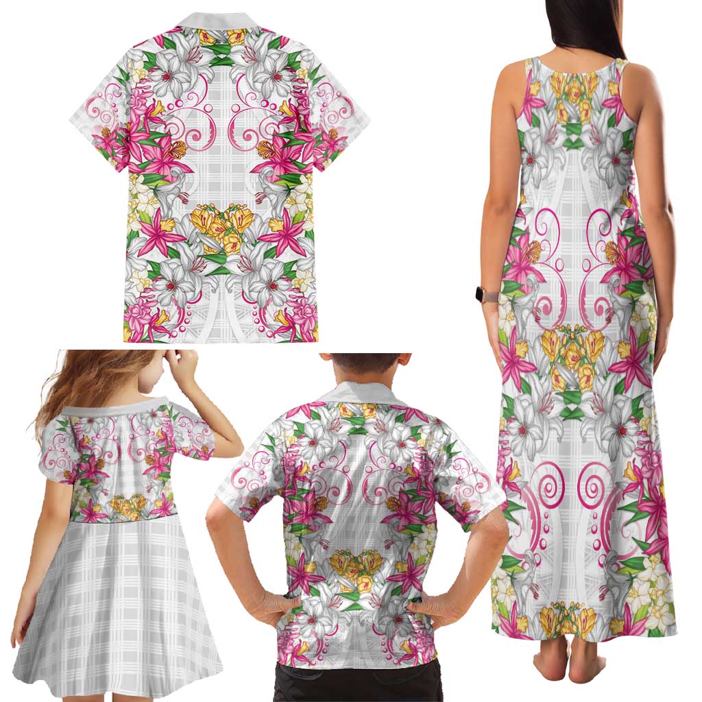 Hawaii Palaka Family Matching Tank Maxi Dress and Hawaiian Shirt White Tribal Pattern With Tropical Flowers - Polynesian Pride