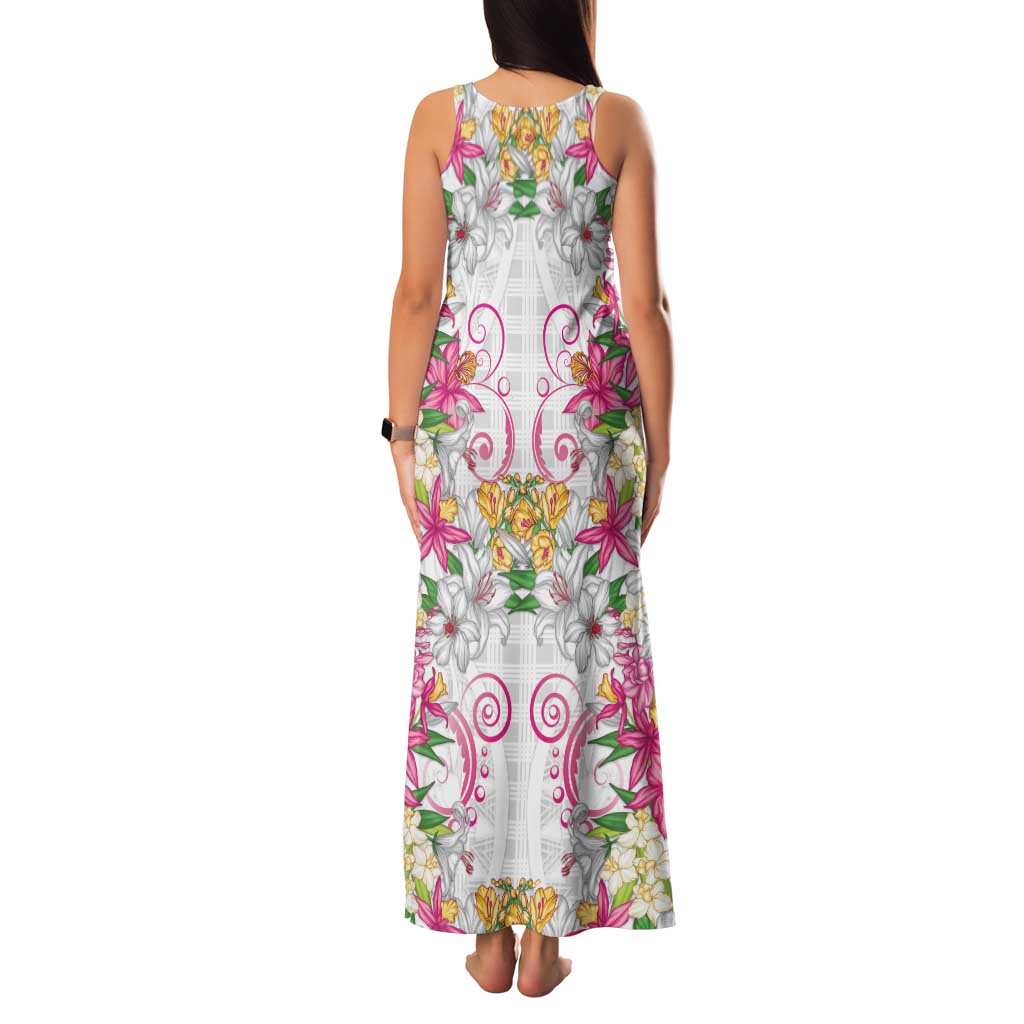 Hawaii Palaka Family Matching Tank Maxi Dress and Hawaiian Shirt White Tribal Pattern With Tropical Flowers - Polynesian Pride