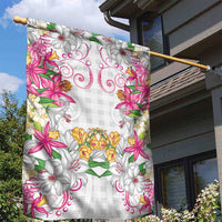 Hawaii Palaka Garden Flag White Tribal Pattern With Tropical Flowers - Polynesian Pride
