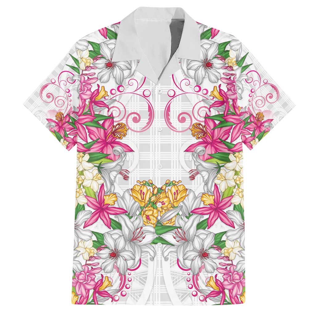 Hawaii Palaka Hawaiian Shirt White Tribal Pattern With Tropical Flowers - Polynesian Pride