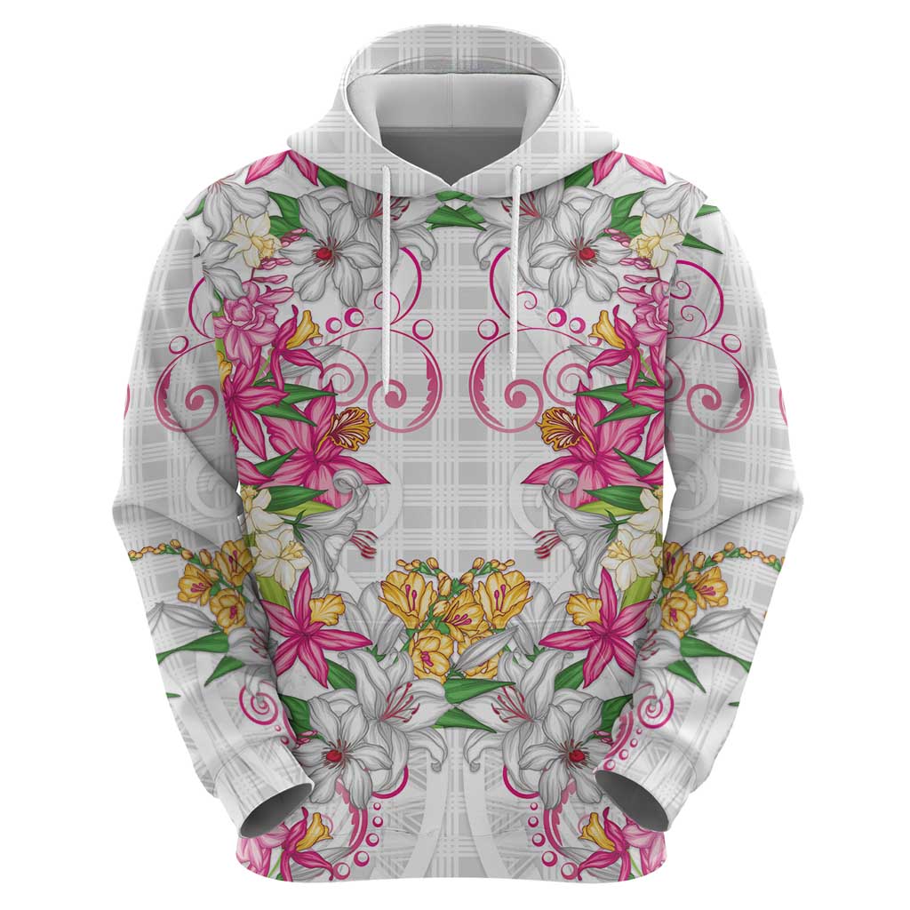Hawaii Palaka Hoodie White Tribal Pattern With Tropical Flowers - Polynesian Pride