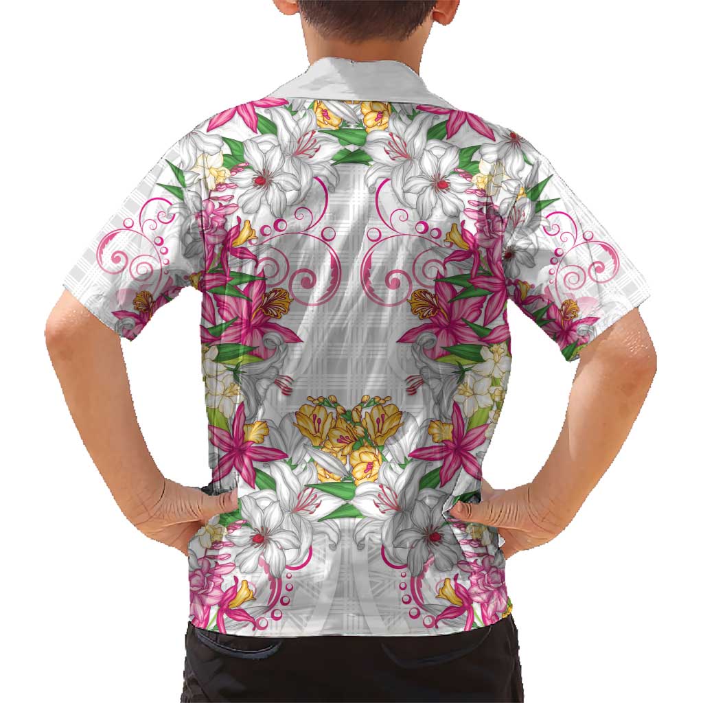 Hawaii Palaka Kid Hawaiian Shirt White Tribal Pattern With Tropical Flowers - Polynesian Pride