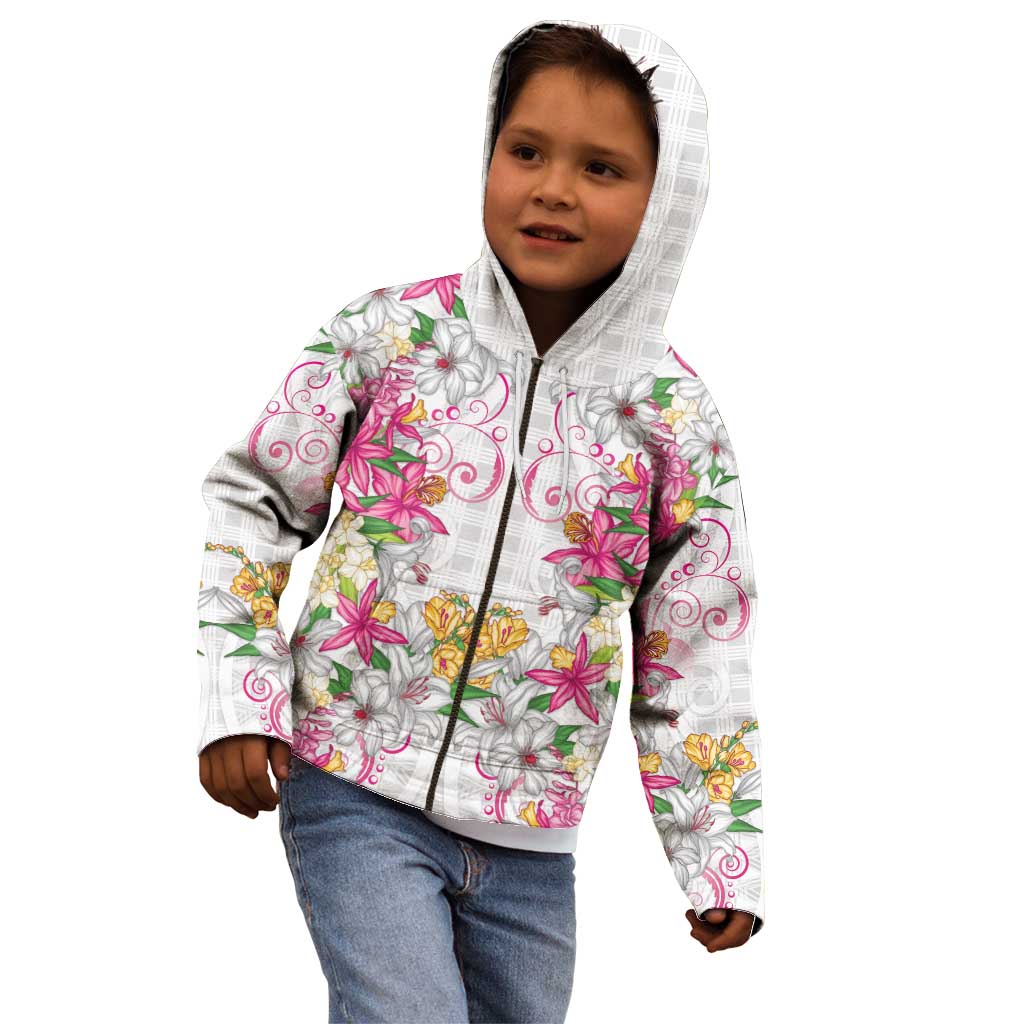 Hawaii Palaka Kid Hoodie White Tribal Pattern With Tropical Flowers - Polynesian Pride
