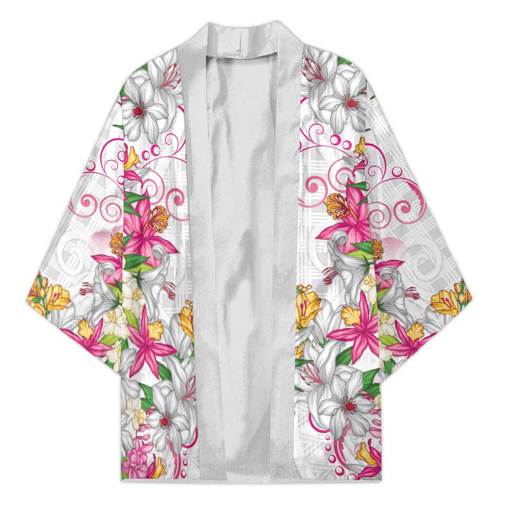 Hawaii Palaka Kimono White Tribal Pattern With Tropical Flowers - Polynesian Pride