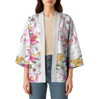 Hawaii Palaka Kimono White Tribal Pattern With Tropical Flowers - Polynesian Pride