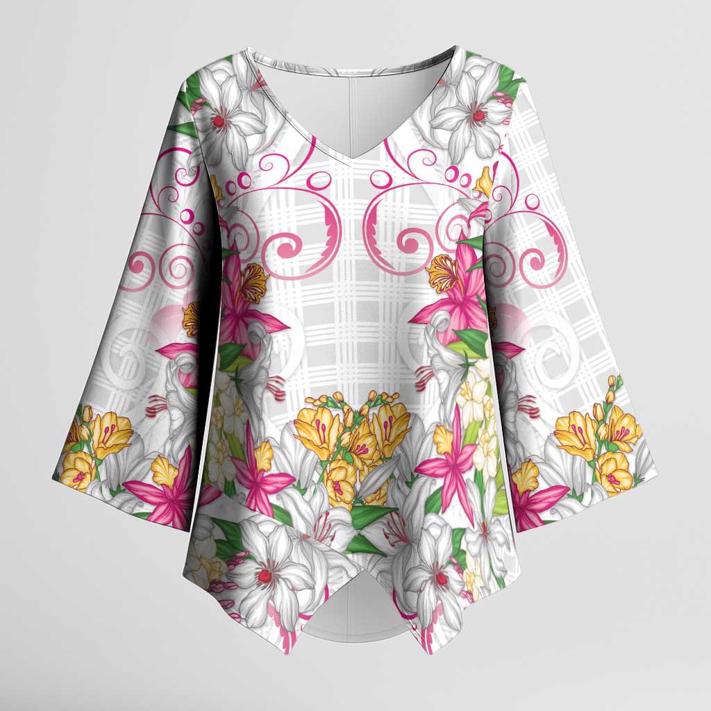 Hawaii Palaka Kimono Sleeve Blouse White Tribal Pattern With Tropical Flowers - Polynesian Pride