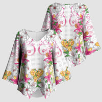 Hawaii Palaka Kimono Sleeve Blouse White Tribal Pattern With Tropical Flowers - Polynesian Pride
