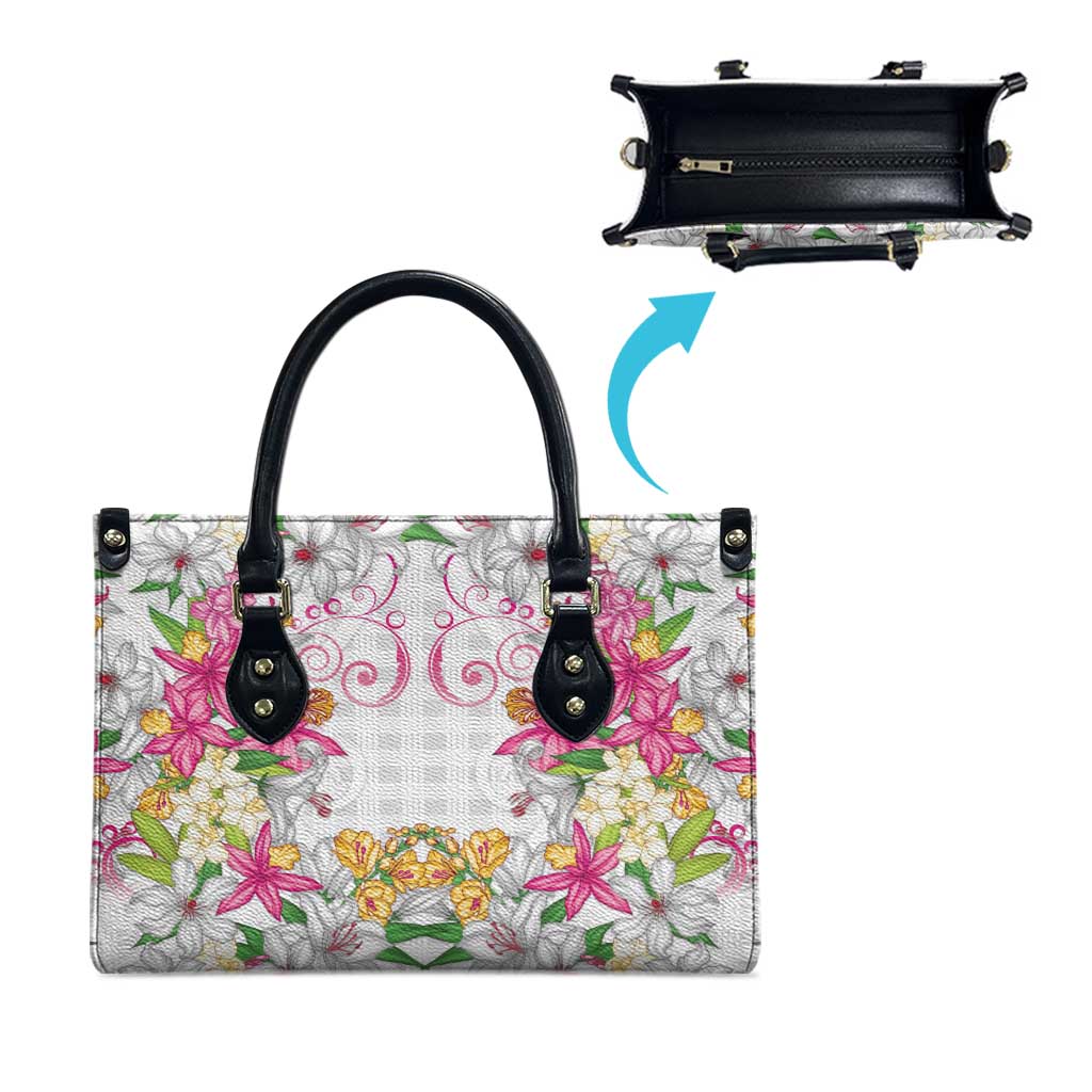 Hawaii Palaka Leather Bag White Tribal Pattern With Tropical Flowers - Polynesian Pride