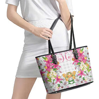 Hawaii Palaka Leather Tote Bag White Tribal Pattern With Tropical Flowers - Polynesian Pride