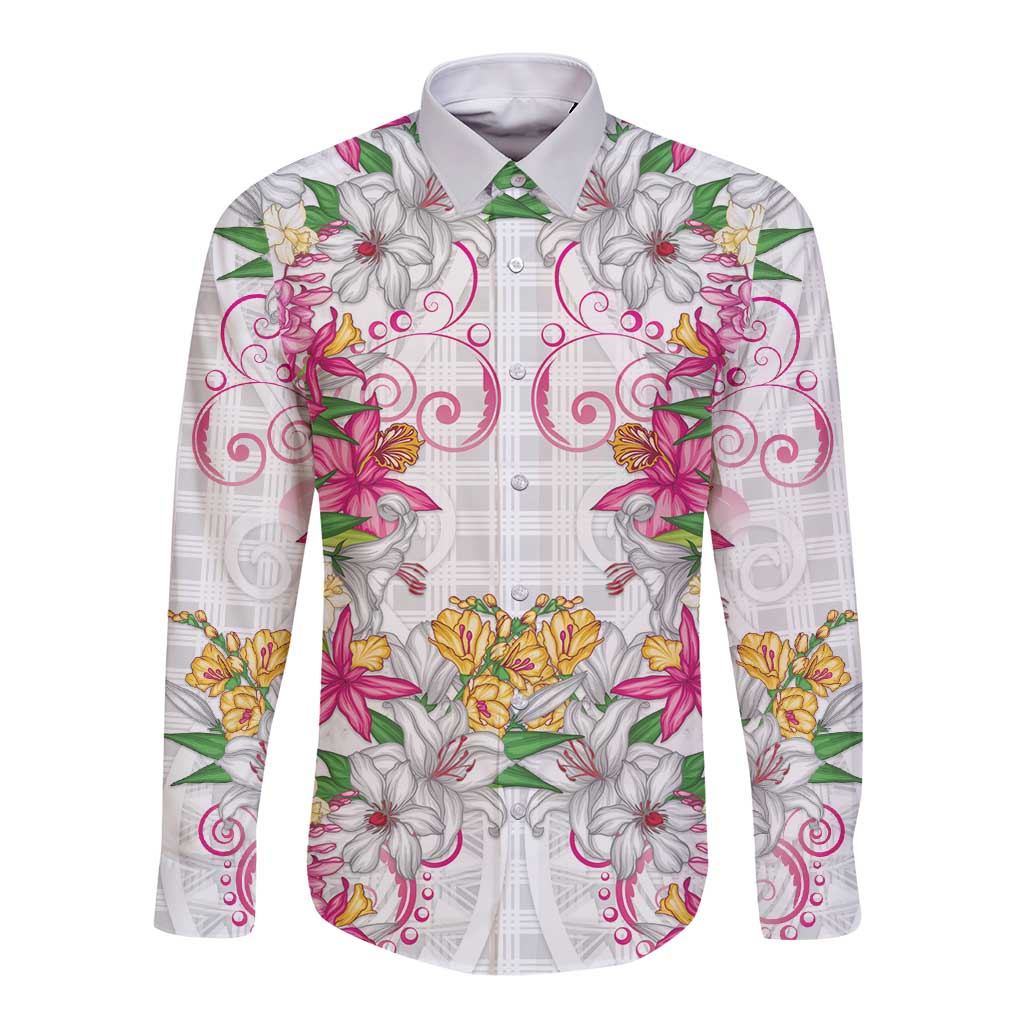 Hawaii Palaka Long Sleeve Button Shirt White Tribal Pattern With Tropical Flowers - Polynesian Pride