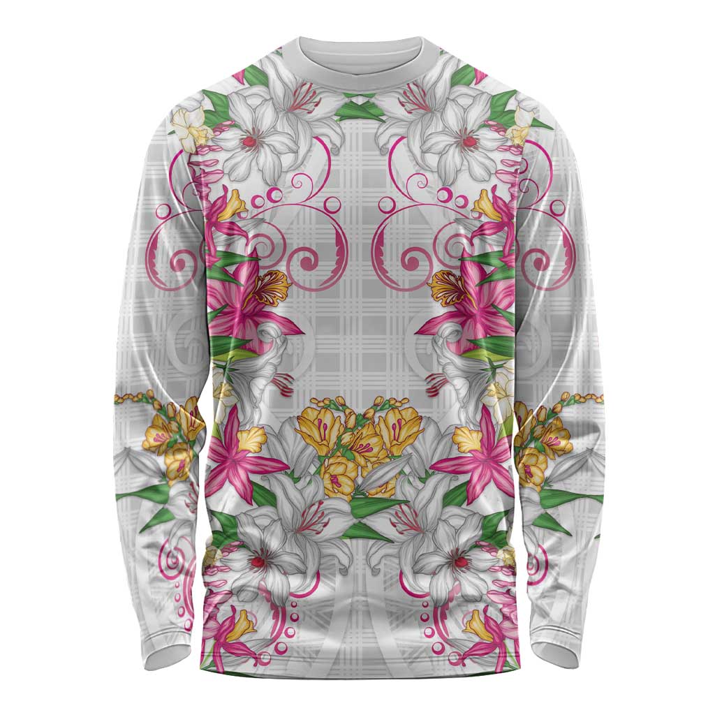 Hawaii Palaka Long Sleeve Shirt White Tribal Pattern With Tropical Flowers - Polynesian Pride