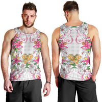 Hawaii Palaka Men Tank Top White Tribal Pattern With Tropical Flowers - Polynesian Pride