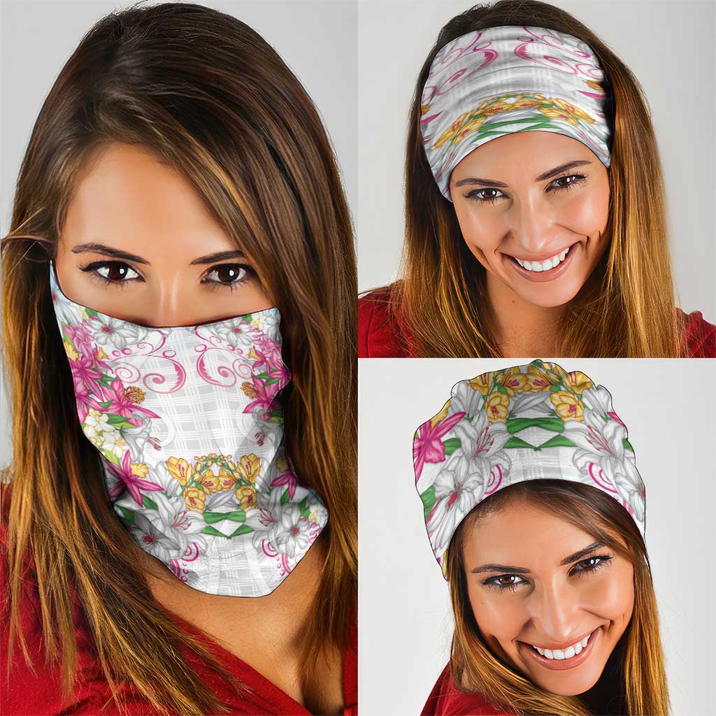 Hawaii Palaka Neck Gaiter White Tribal Pattern With Tropical Flowers - Polynesian Pride