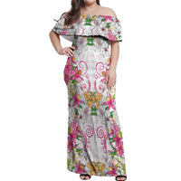 Hawaii Palaka Off Shoulder Maxi Dress White Tribal Pattern With Tropical Flowers - Polynesian Pride