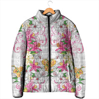 Hawaii Palaka Padded Jacket White Tribal Pattern With Tropical Flowers - Polynesian Pride