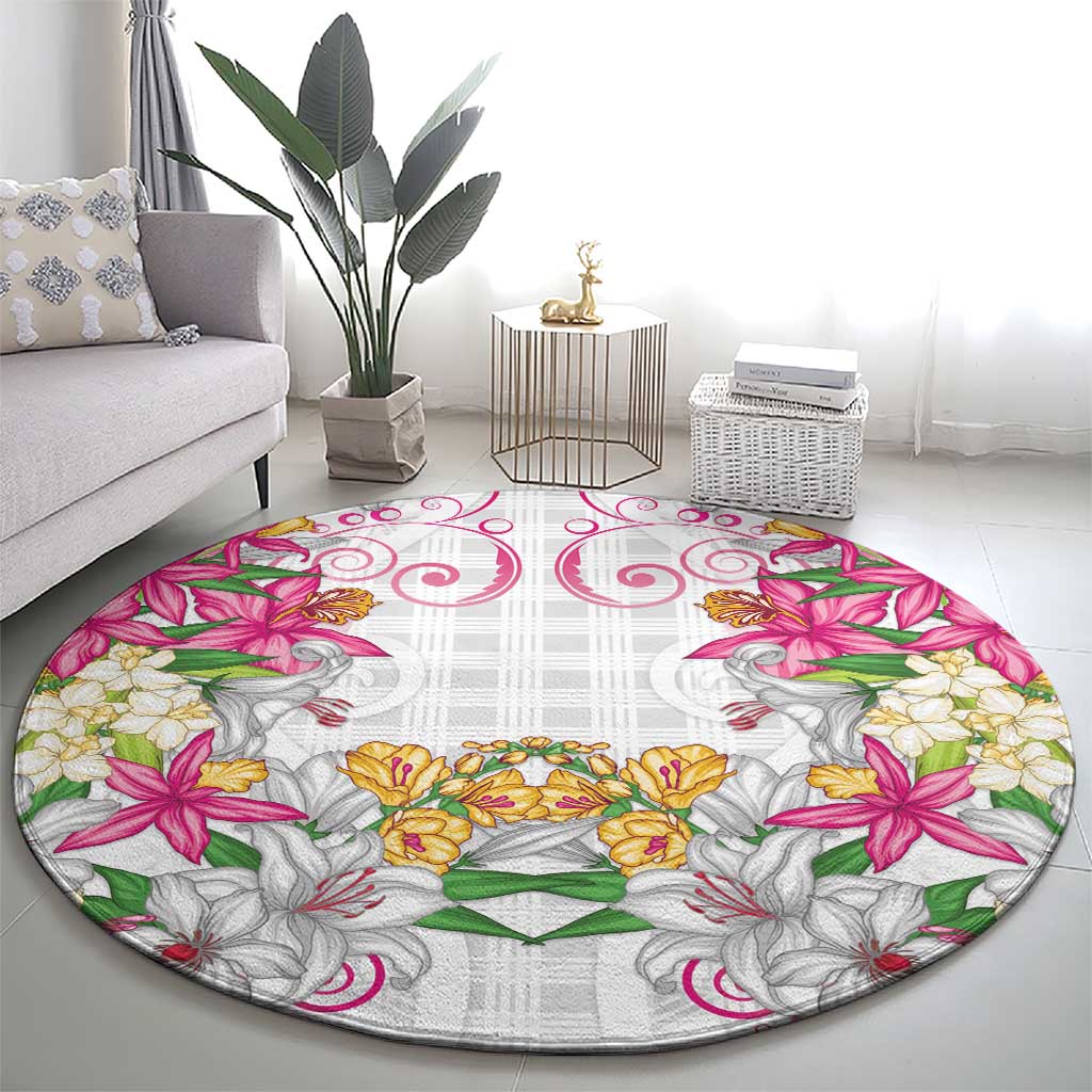 Hawaii Palaka Round Carpet White Tribal Pattern With Tropical Flowers - Polynesian Pride