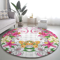 Hawaii Palaka Round Carpet White Tribal Pattern With Tropical Flowers - Polynesian Pride