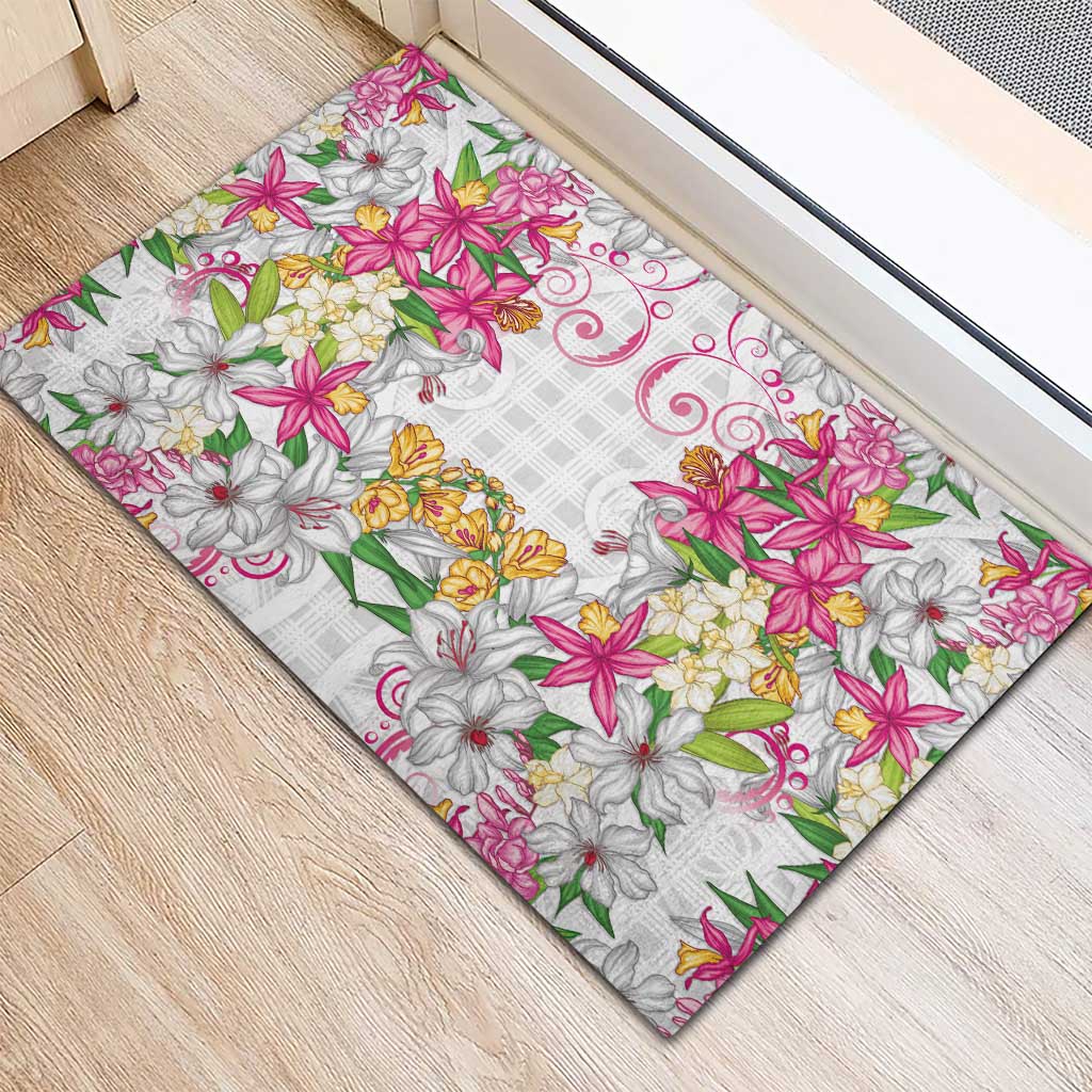 Hawaii Palaka Rubber Doormat White Tribal Pattern With Tropical Flowers - Polynesian Pride