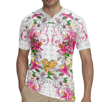 Hawaii Palaka Rugby Jersey White Tribal Pattern With Tropical Flowers - Polynesian Pride