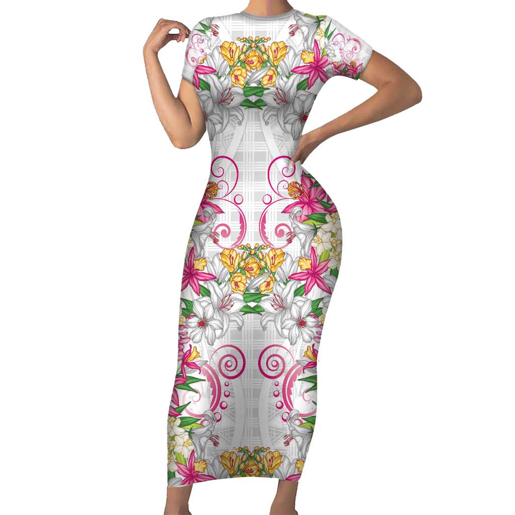 Hawaii Palaka Short Sleeve Bodycon Dress White Tribal Pattern With Tropical Flowers - Polynesian Pride