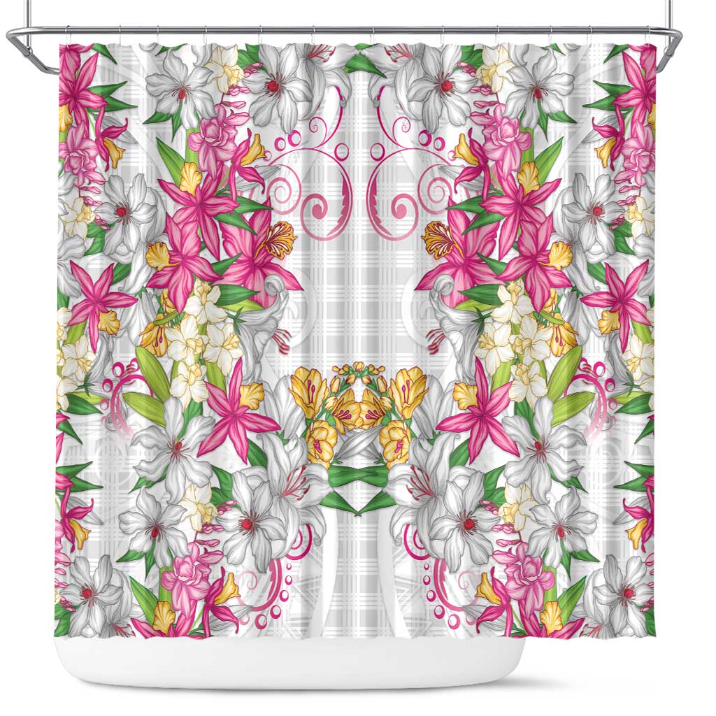 Hawaii Palaka Shower Curtain White Tribal Pattern With Tropical Flowers - Polynesian Pride