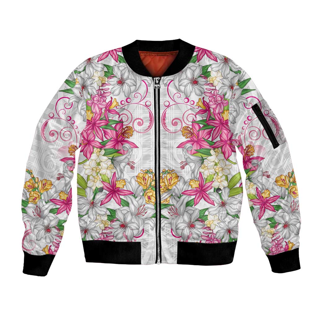 Hawaii Palaka Sleeve Zip Bomber Jacket White Tribal Pattern With Tropical Flowers - Polynesian Pride