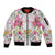 Hawaii Palaka Sleeve Zip Bomber Jacket White Tribal Pattern With Tropical Flowers - Polynesian Pride