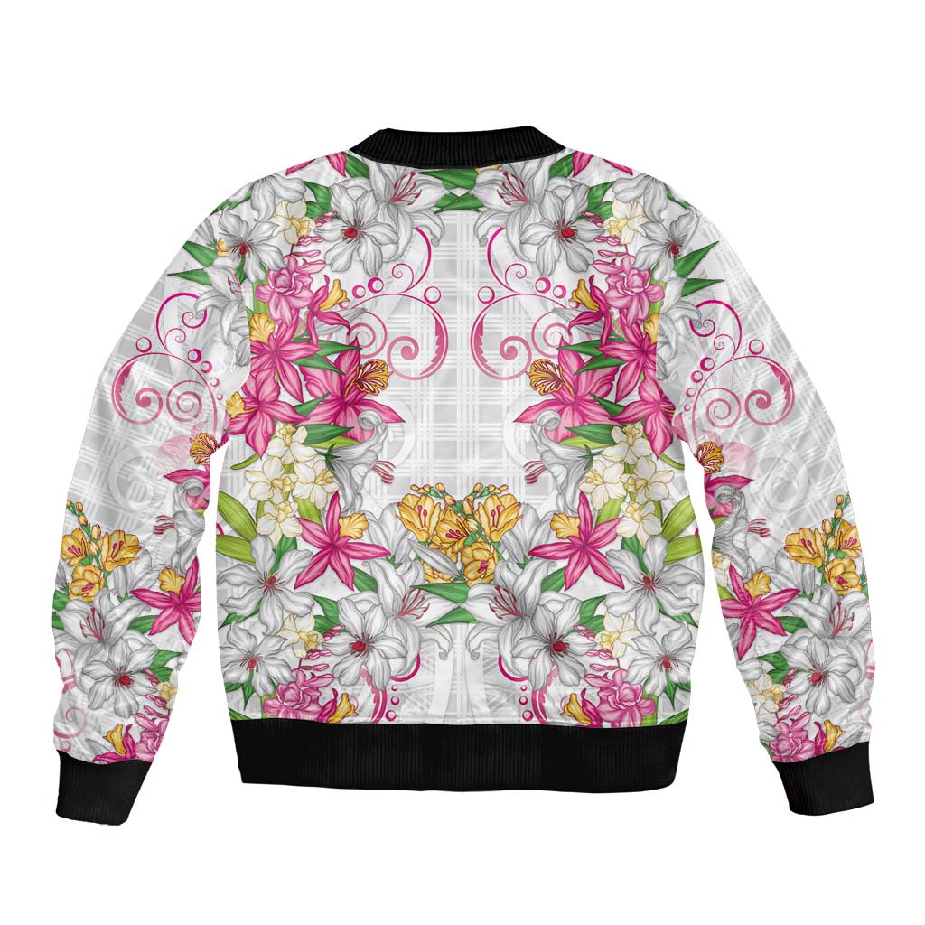 Hawaii Palaka Sleeve Zip Bomber Jacket White Tribal Pattern With Tropical Flowers - Polynesian Pride