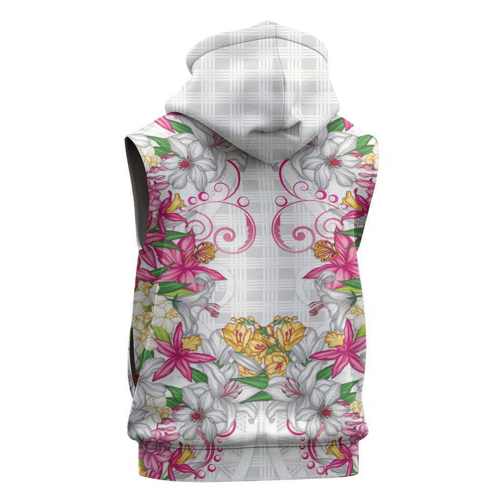 Hawaii Palaka Sleeveless Zip Hoodie White Tribal Pattern With Tropical Flowers - Polynesian Pride