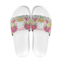 Hawaii Palaka Slide Sandals White Tribal Pattern With Tropical Flowers - Polynesian Pride