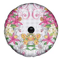 Hawaii Palaka Spare Tire Cover White Tribal Pattern With Tropical Flowers - Polynesian Pride