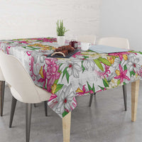 Hawaii Palaka Tablecloth White Tribal Pattern With Tropical Flowers - Polynesian Pride