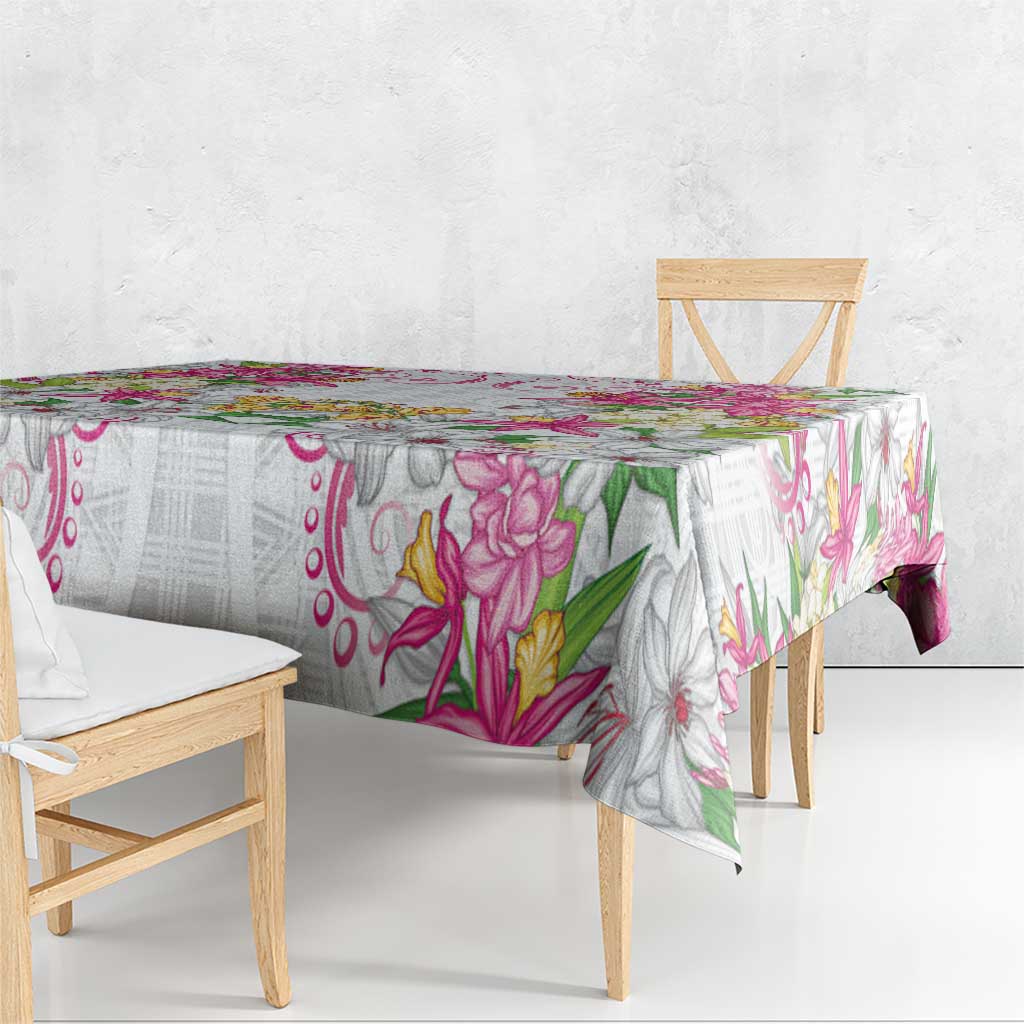 Hawaii Palaka Tablecloth White Tribal Pattern With Tropical Flowers - Polynesian Pride