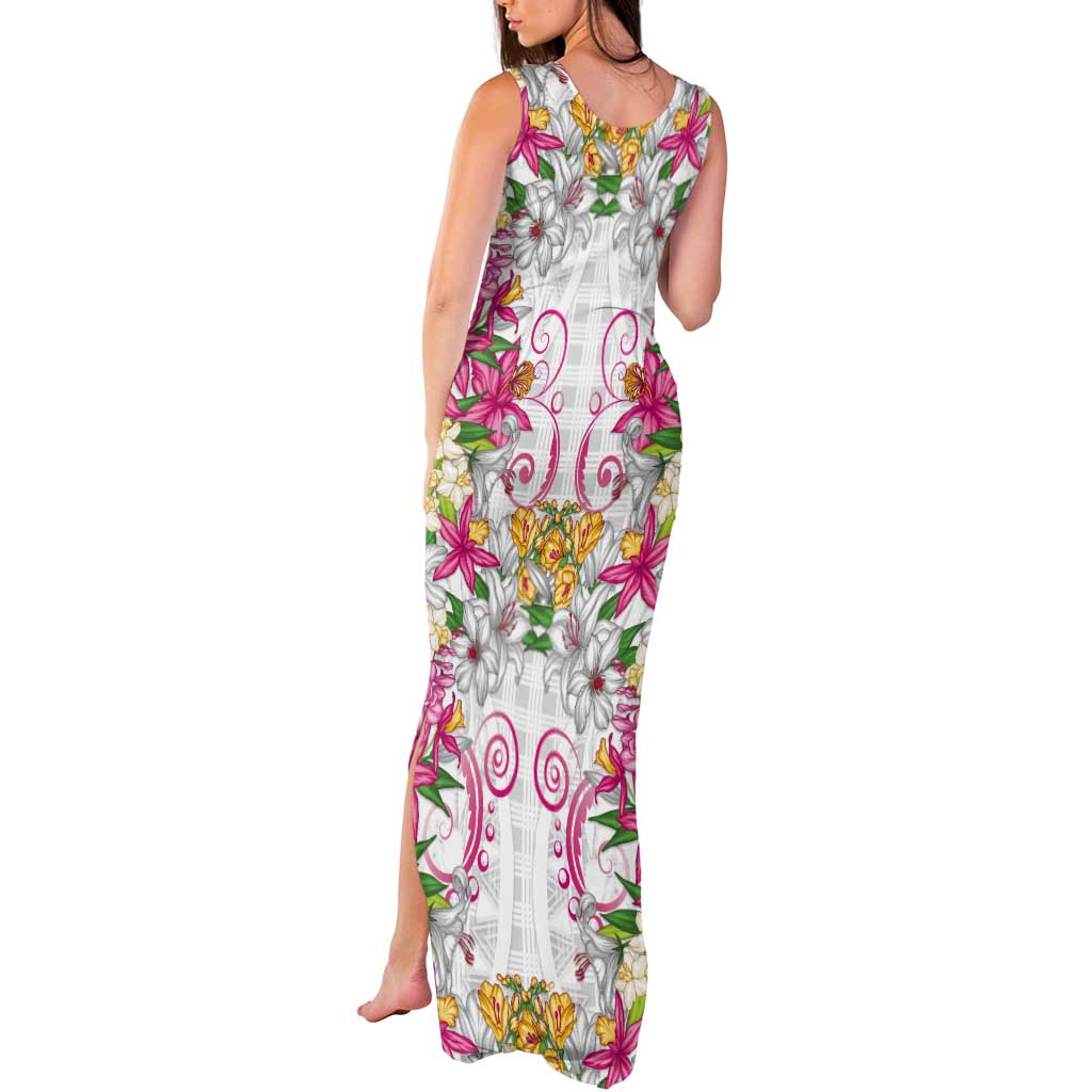 Hawaii Palaka Tank Maxi Dress White Tribal Pattern With Tropical Flowers - Polynesian Pride