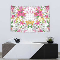 Hawaii Palaka Tapestry White Tribal Pattern With Tropical Flowers - Polynesian Pride