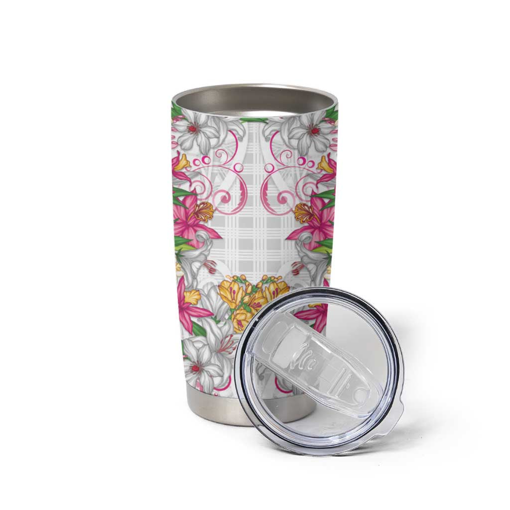 Hawaii Palaka Tumbler Cup White Tribal Pattern With Tropical Flowers - Polynesian Pride