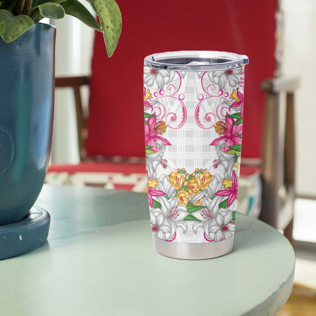 Hawaii Palaka Tumbler Cup White Tribal Pattern With Tropical Flowers - Polynesian Pride