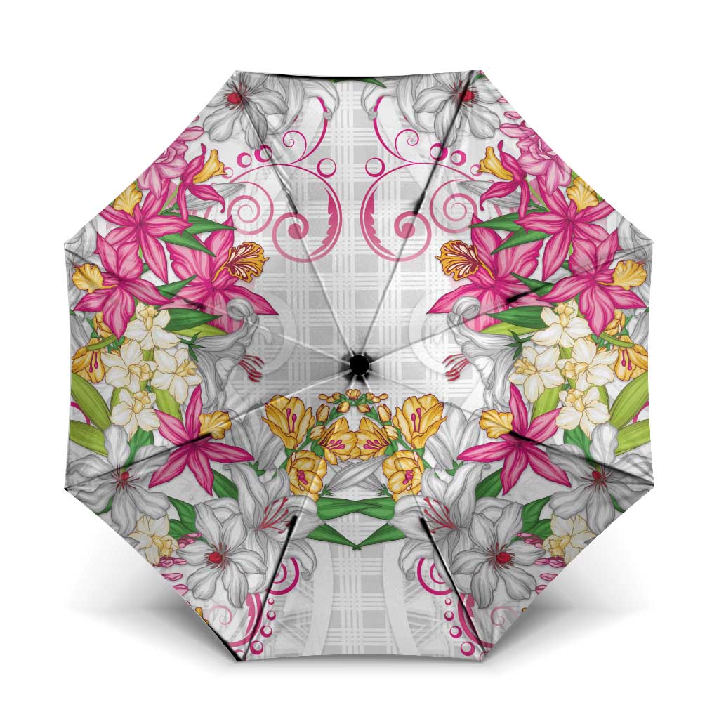 Hawaii Palaka Umbrella White Tribal Pattern With Tropical Flowers - Polynesian Pride