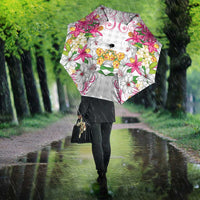 Hawaii Palaka Umbrella White Tribal Pattern With Tropical Flowers - Polynesian Pride