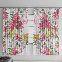 Hawaii Palaka Window Curtain White Tribal Pattern With Tropical Flowers - Polynesian Pride