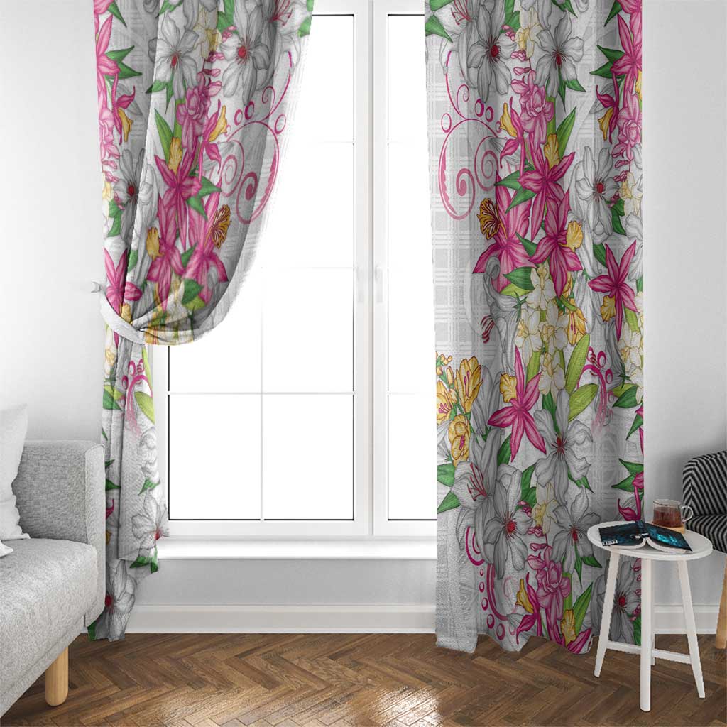 Hawaii Palaka Window Curtain White Tribal Pattern With Tropical Flowers - Polynesian Pride