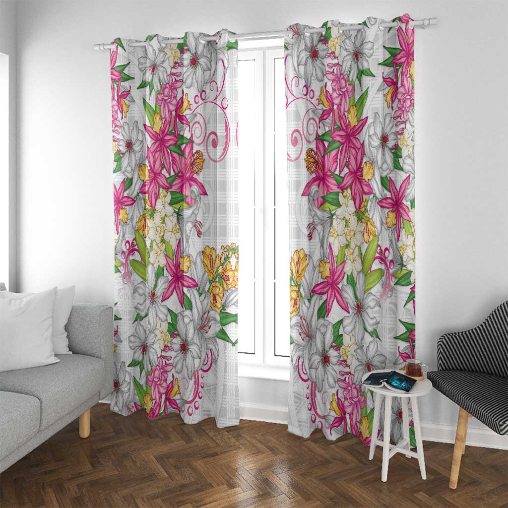 Hawaii Palaka Window Curtain White Tribal Pattern With Tropical Flowers - Polynesian Pride