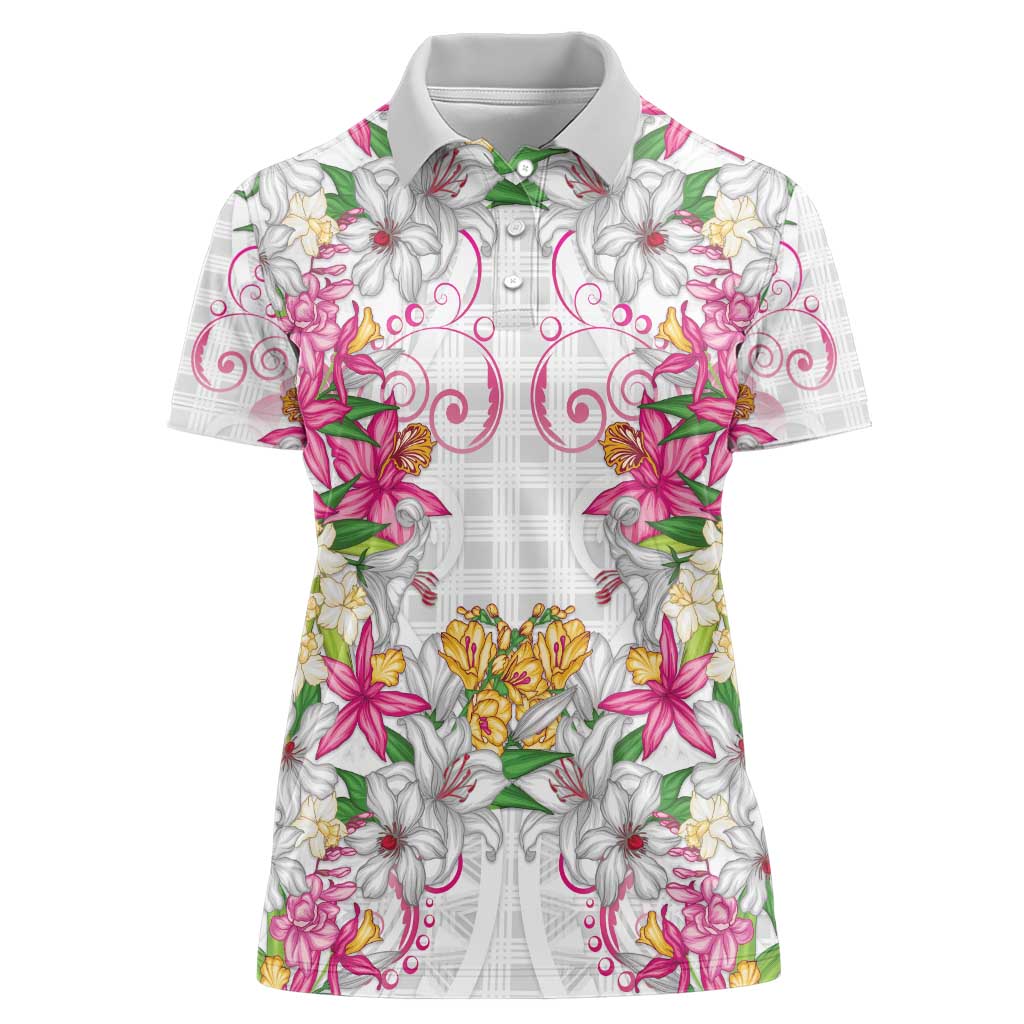 Hawaii Palaka Women Polo Shirt White Tribal Pattern With Tropical Flowers - Polynesian Pride